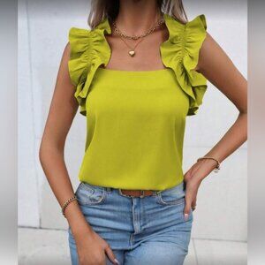 Elegant green ruffle sleeveless blouse